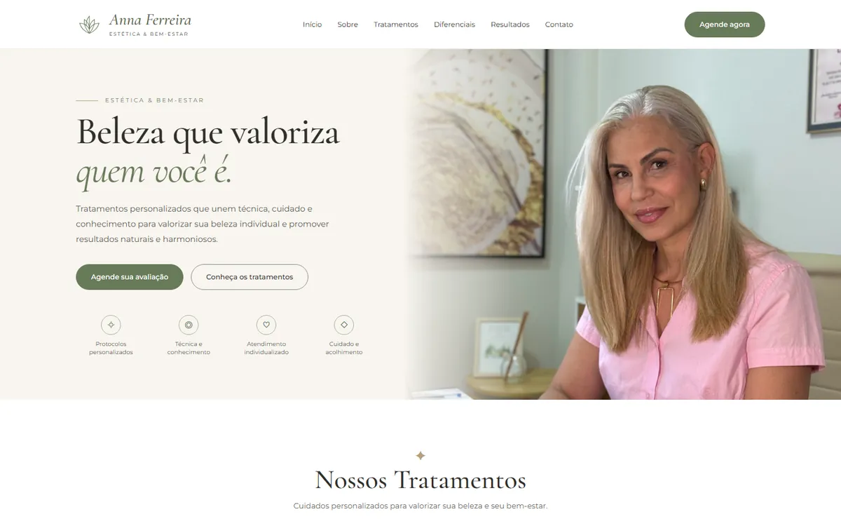 Captura da página inicial do site Anna Ferreira Estética, com apresentação dos tratamentos